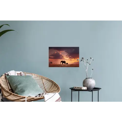 Olifanten - Grasland - Zonsondergang Muursticker klein -plant