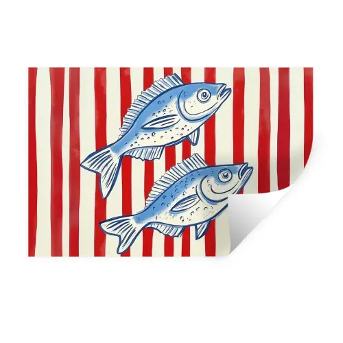 Vissen - Verticale strepen - Blauw - Rood Muursticker klein -3d