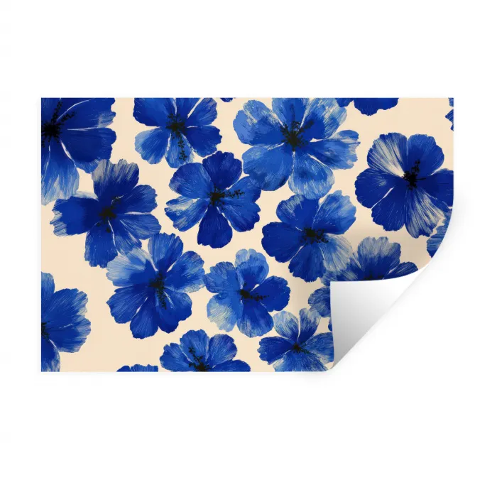 Bloemen - Blauw -Patroon - Wit Muursticker klein -3d