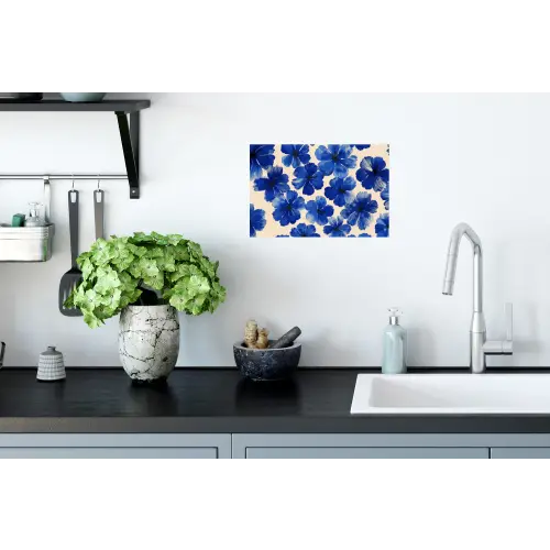 Bloemen - Blauw -Patroon - Wit Muursticker klein -keuken