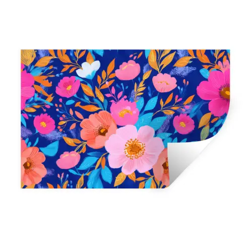 Bloemen - Blauw - Roze Muursticker klein -3d