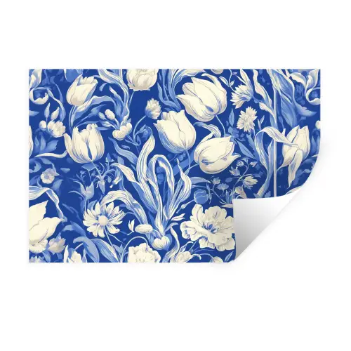 Bloemen - Delfts Blauw - Patroon - Tulp Muursticker klein -3d