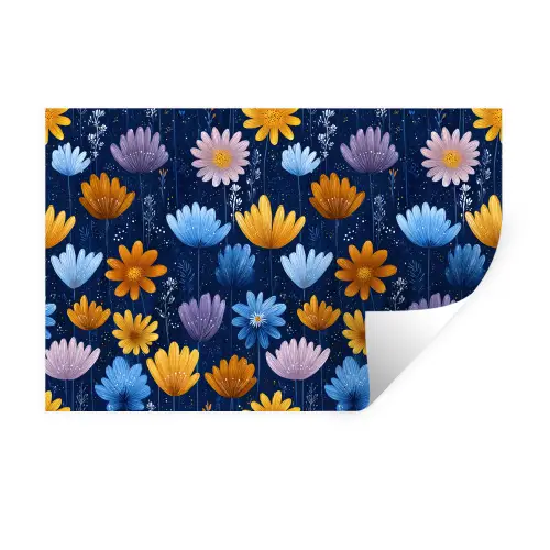 Bloemen - Patroon - Blauw - Contrast Muursticker klein -3d