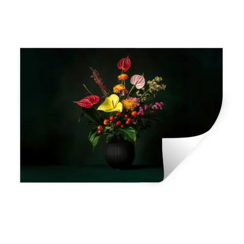 Bloemen - Vaas - Zwart Muursticker klein -3d