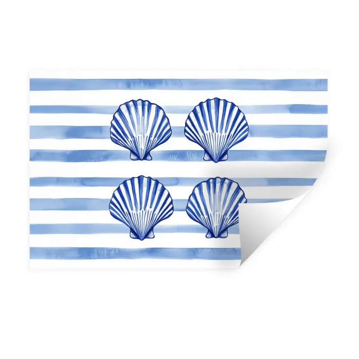 Vier schelpen - Blauw - Wit - Strepen Muursticker klein -3d