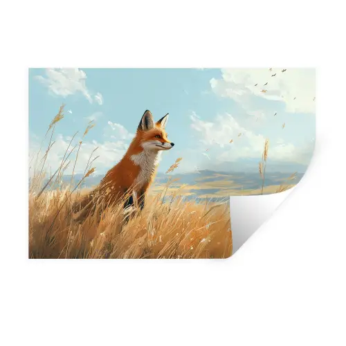 Vos - Gras - Wolken - Oranje Muursticker klein -3d