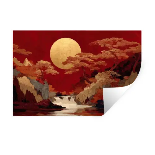 Volle maan - Landschap - Waterval Muursticker klein -3d