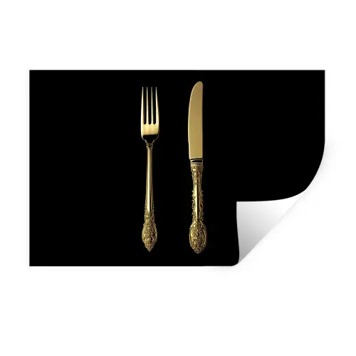 Goud - Vork - Mes Muursticker klein -3d