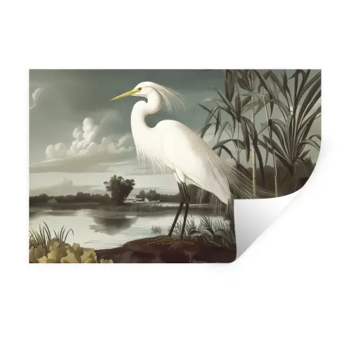 Reiger - Planten - Wolken - Wit Muursticker klein -3d