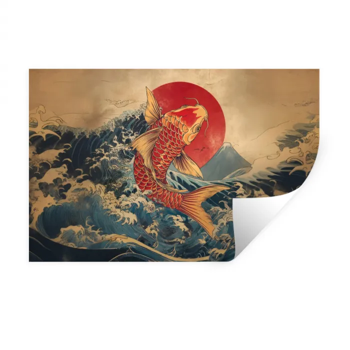 Koi - Zee - Golven - Zon Muursticker klein -3d