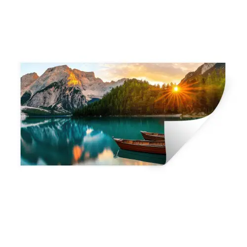 Meer - Bergen - Zonsondergang - Boot Muursticker klein -3d