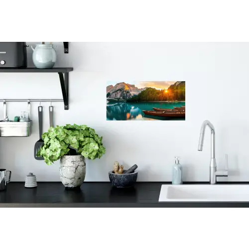Meer - Bergen - Zonsondergang - Boot Muursticker klein -keuken