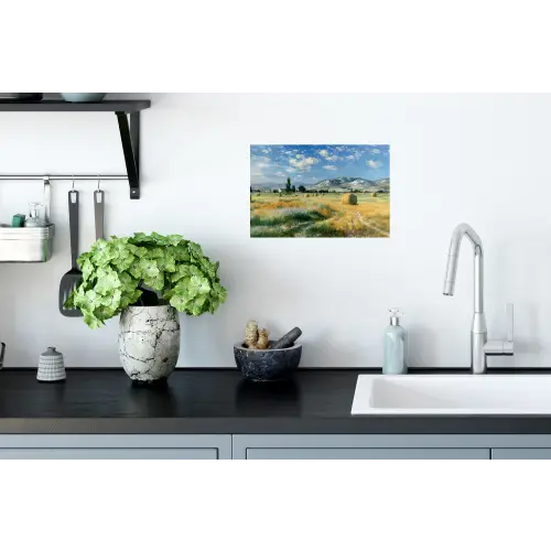 Landschap - Strobalen - Bergen - Wolken Muursticker klein -keuken