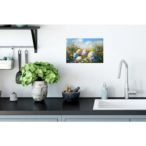 Grasveld - Eieren - Bloemen Muursticker klein -keuken