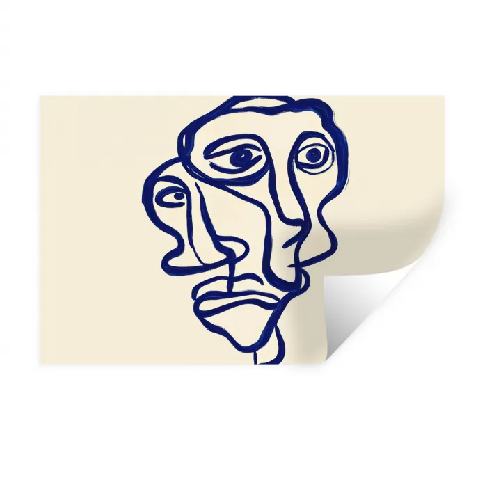 Lijntekening - Overlappende gezichten - Donkerblauw Muursticker klein -3d
