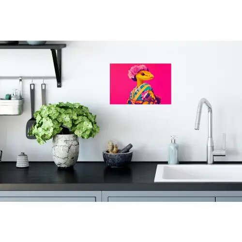 Hagedis - Bloemen - Roze - Kimono Muursticker klein -keuken