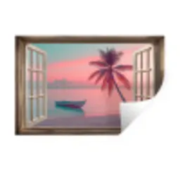 Doorkijk - Strand - Palmboom - Tropisch Muursticker klein -3d