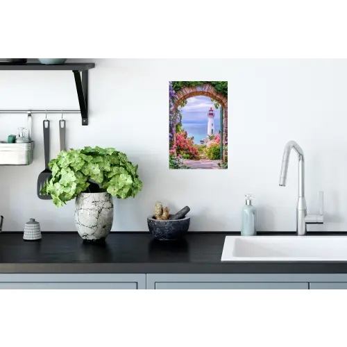 Doorkijk - Vuurtoren - Bloemen - Uitzicht Muursticker klein -keuken