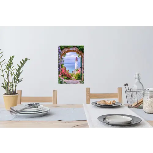 Doorkijk - Vuurtoren - Bloemen - Uitzicht Muursticker klein -eettafel