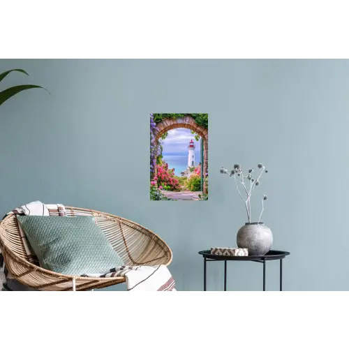 Doorkijk - Vuurtoren - Bloemen - Uitzicht Muursticker klein -plant