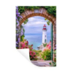 Doorkijk - Vuurtoren - Bloemen - Uitzicht Muursticker klein -3d