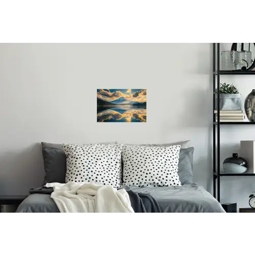 Berg - Rivier - Zonsondergang Muursticker klein -slaapkamer
