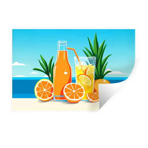 Sinaasappels - Ijsblokjes - Zee - Illustratie Muursticker klein -3d