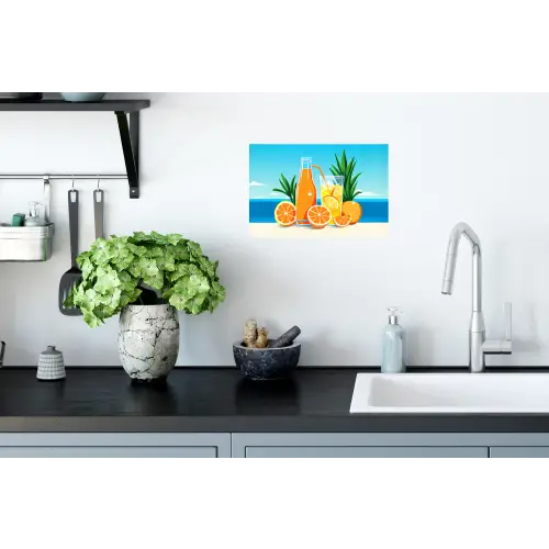 Sinaasappels - Ijsblokjes - Zee - Illustratie Muursticker klein -keuken
