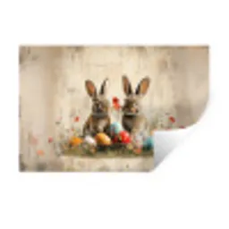 Konijnen - Bloemen - Eieren Muursticker klein -3d