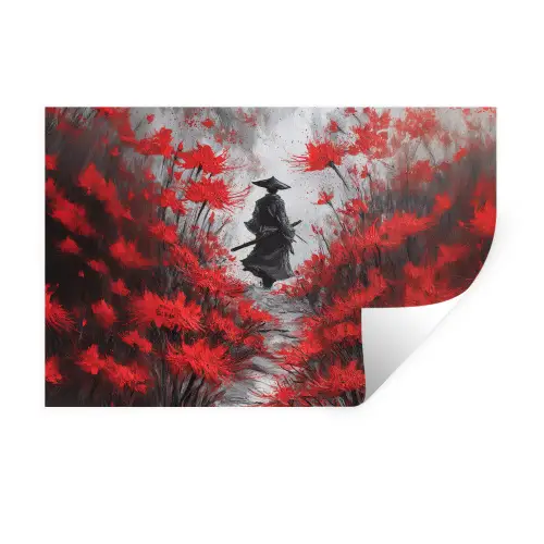 Rode bloemen - mistig - Man Muursticker klein -3d