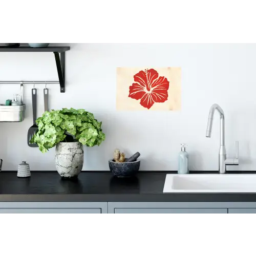 Rode hibiscusbloem - Textuur achtergrond - Beige Muursticker klein -keuken