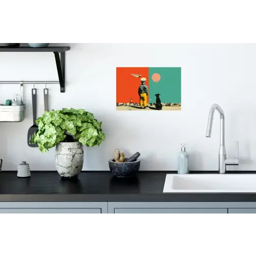 Retro - Jongen - Hond - Rood - Groen Muursticker klein -keuken
