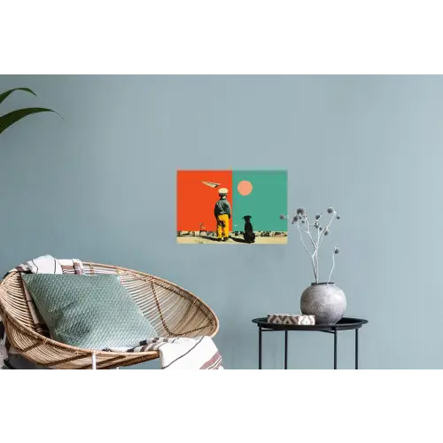 Retro - Jongen - Hond - Rood - Groen Muursticker klein -plant