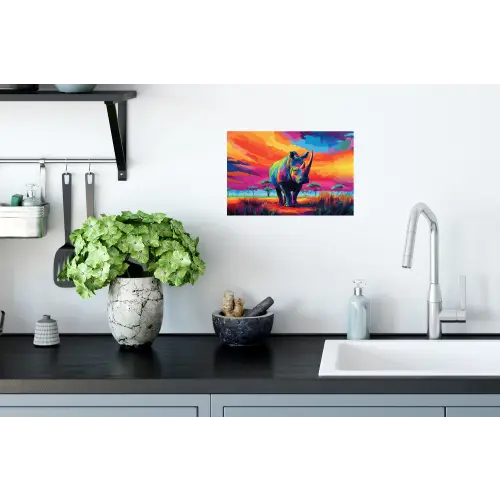 Neushoorn - Zonsondergang - Savanna - Kleurrijk Muursticker klein -keuken