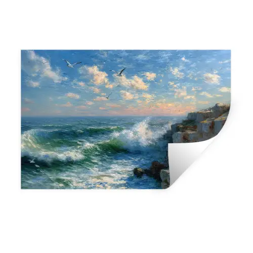 Zee - Golven - Rotsen - Meeuwen Muursticker klein -3d