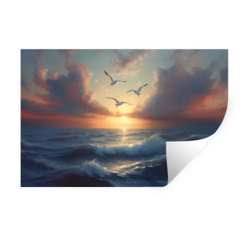 Meeuwen - Zonsondergang - Zee - Wolken Muursticker klein -3d