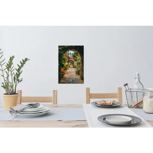 Doorkijk - Bloemen - Poort - Stenen Muursticker klein -eettafel