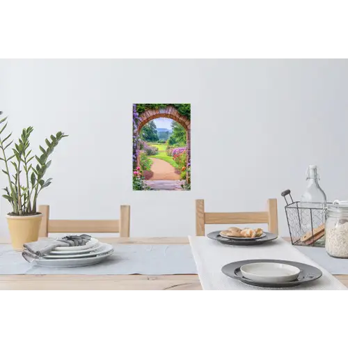 Doorkijk - Poort - Bloemen - Tuin Muursticker klein -eettafel