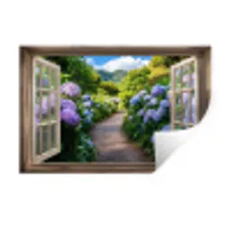 Doorkijk - Hortensia - Pad - Natuur Muursticker klein -3d