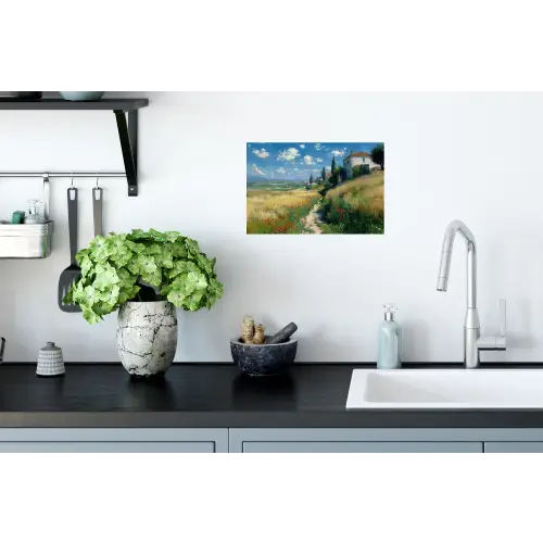Zandpad - Huis - Bomen - Grasveld Muursticker klein -keuken