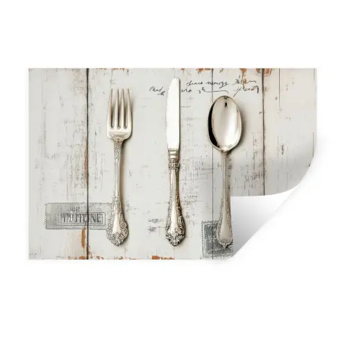 Zilver - Bestek - Hout Muursticker klein -3d