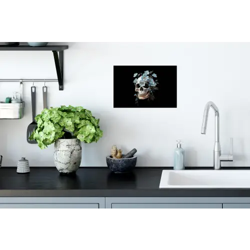 Schedel - Blauw - Bloemen - Bladeren Muursticker klein -keuken