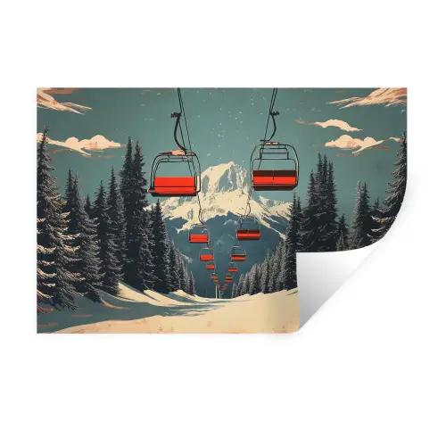 Sneeuw - Skilift - Rood - Bomen Muursticker klein -3d
