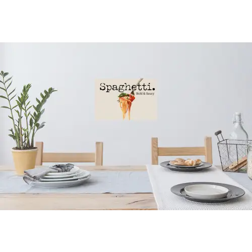 Spaghetti - tomatensaus - Parmezaanse kaas Muursticker klein -eettafel