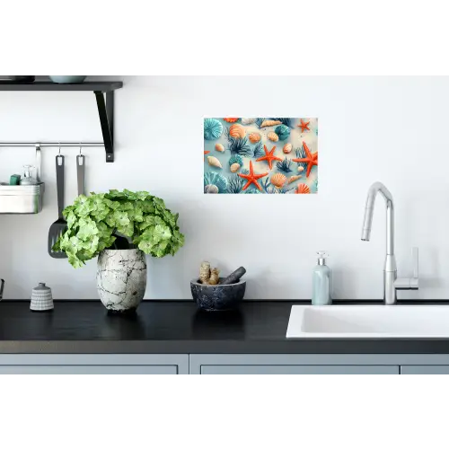 Zeesterren - Schelpen - Illustratie - Zand Muursticker klein -keuken