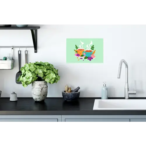 Thee - Illustratie - Kopjes - Bloemen Muursticker klein -keuken