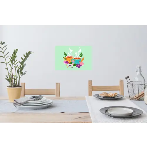 Thee - Illustratie - Kopjes - Bloemen Muursticker klein -eettafel