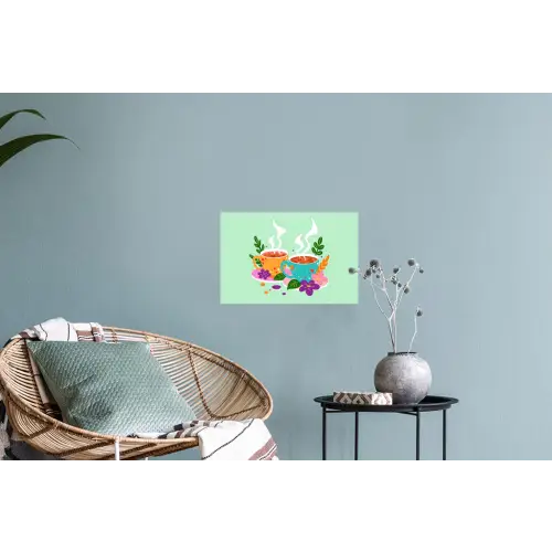 Thee - Illustratie - Kopjes - Bloemen Muursticker klein -plant