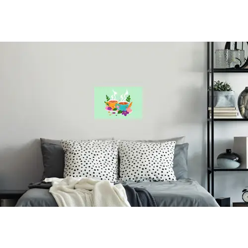 Thee - Illustratie - Kopjes - Bloemen Muursticker klein -slaapkamer