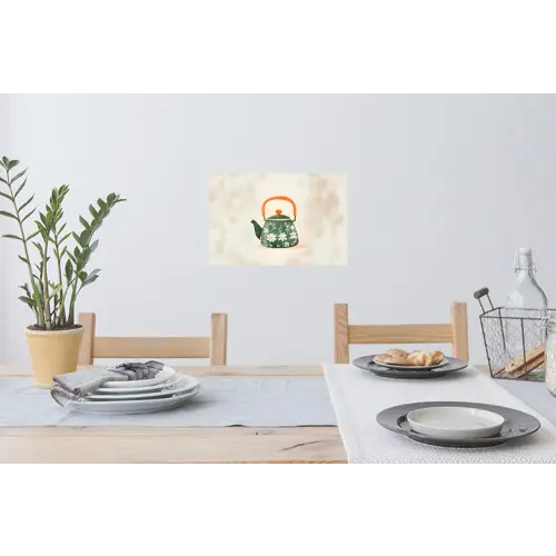 Theepot - Groen - Bloemen - Oranje Muursticker klein -eettafel